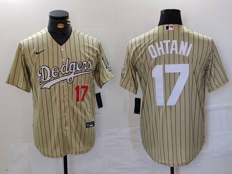 Men Los Angeles Dodgers 17 Ohtani Green Stripe Fashion Nike Game MLB Jersey style 7066